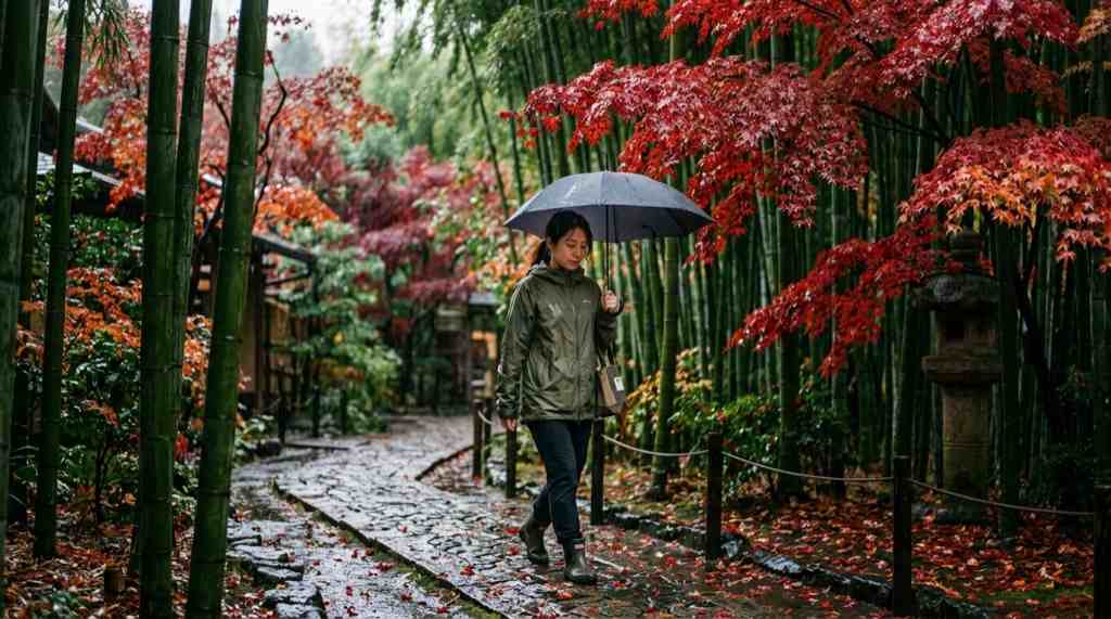 雨上がりの寺院庭園の紅葉、濡れた石畳に反射する赤い葉が美しい