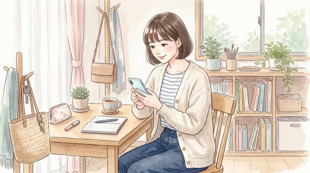棚に並んだたまごっち関連アニメのDVDや玩具のイラスト・過去作品が手元に残るイメージ