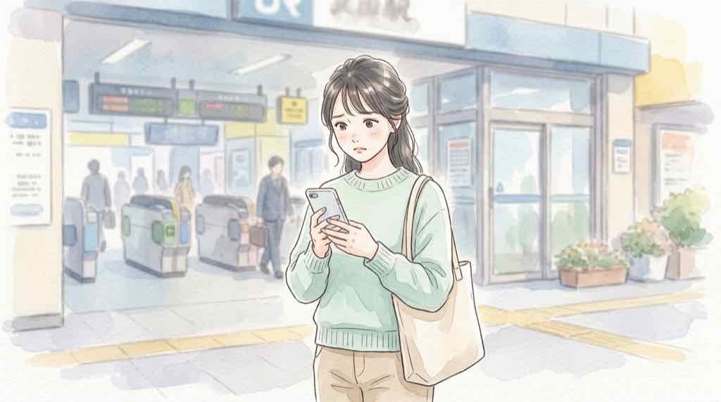 黒ミャクミャクひっぱりだこ飯はどこで買えるか調べる女性のイメージ