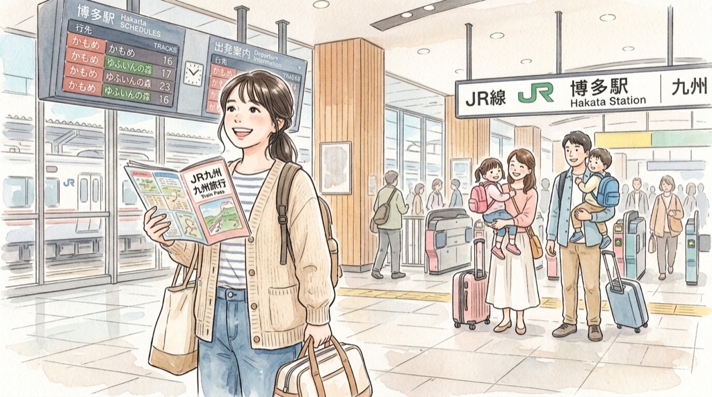 スマートフォンでJR九州の乗り放題パス公式ページを確認する女性
