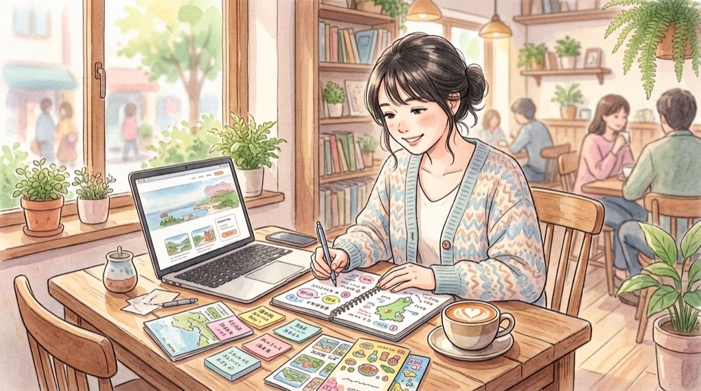 路線図と旅行費用のメモを見ながら周遊ルートを計画する女性