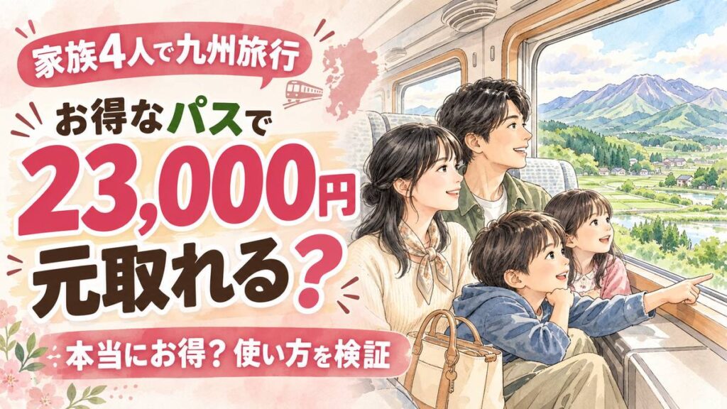 九州であおう乗り放題パスを手に博多駅で出発を待つ家族4人の旅行風景