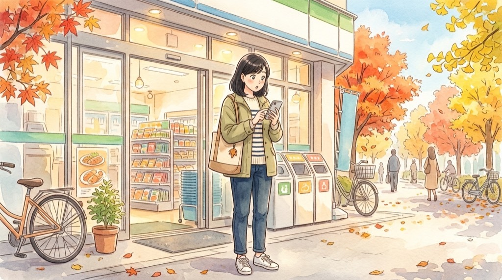 alt: コンビニの棚に並ぶ弁当を見て気になった様子の女性のイラスト