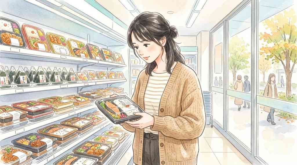 alt: ローソンの棚に並ぶ一点突破すぎ弁当を手に取る女性のイラスト