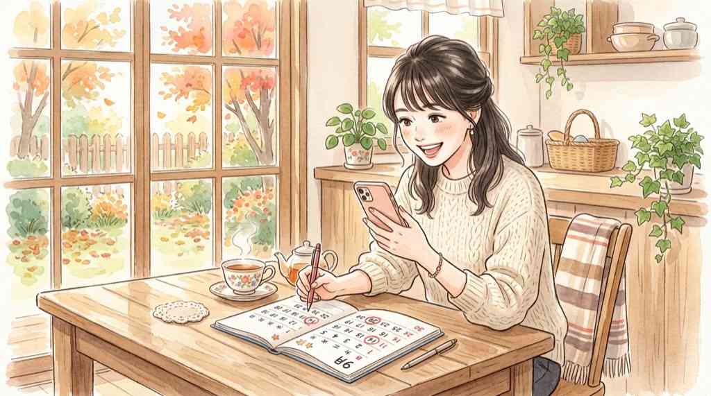 alt: カレンダーに9月28日・29日と書き込みながらスマートフォンを確認している女性のイラスト