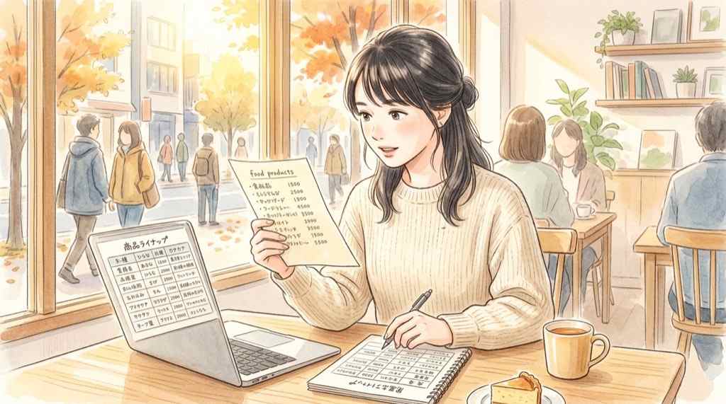 alt: テーブルに並んだコンビニ弁当のラインナップを前に表を確認している女性のイラスト