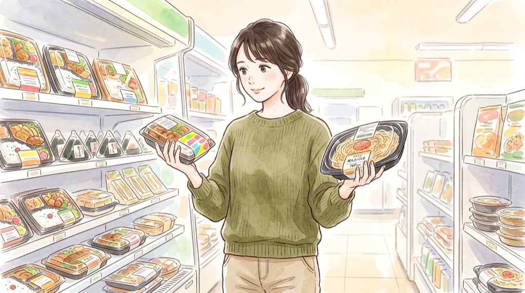 alt: 2つの値段の違うお弁当を前に考え込んでいる女性のイラスト