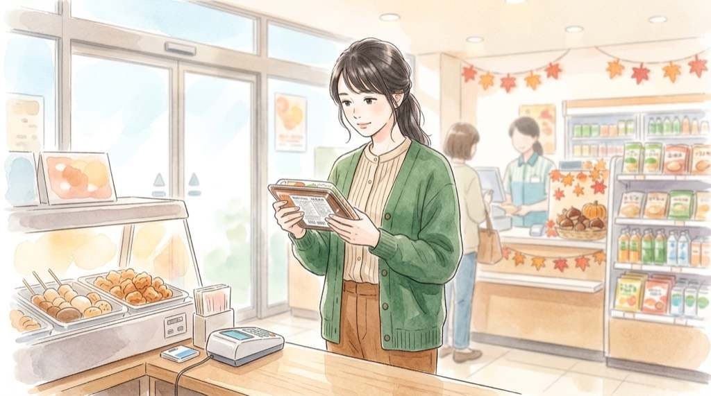 alt: コンビニのお弁当の栄養成分表示を確認している女性のイラスト