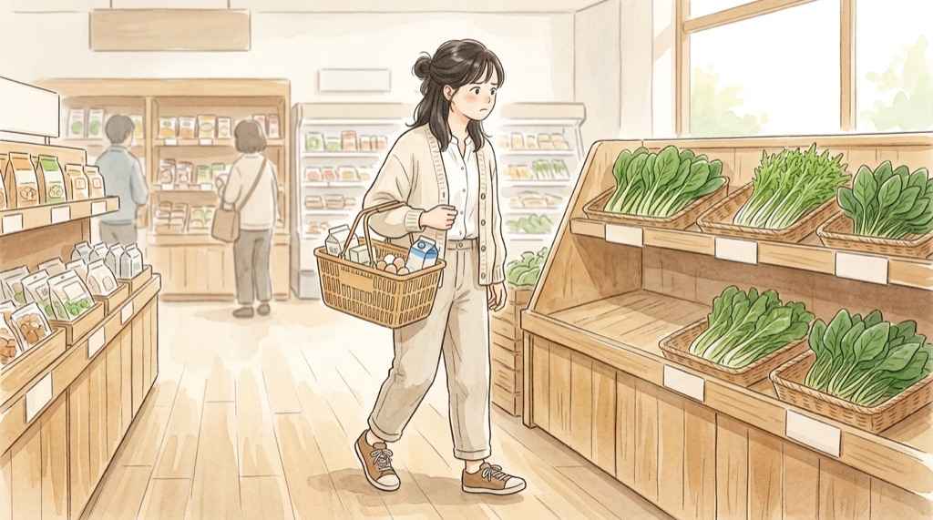 レタス 高騰 いつまで続くのか悩みながら野菜売り場で値札を見る様子