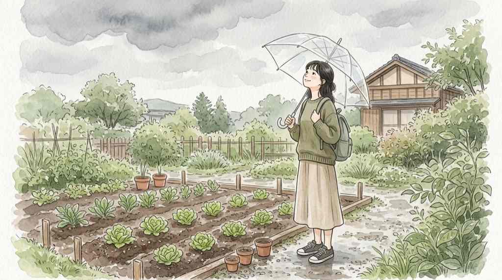 レタス 高い なぜ起きたのか雨と曇り空の畑を心配そうに見上げる様子
