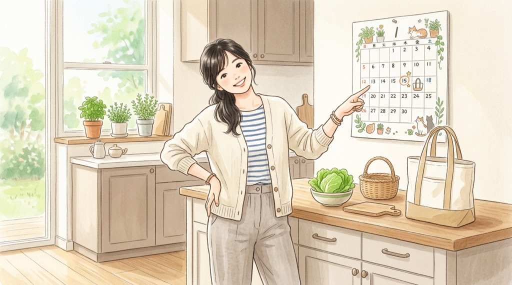 レタス 値段 安くなる いつかカレンダーを見ながら考える様子