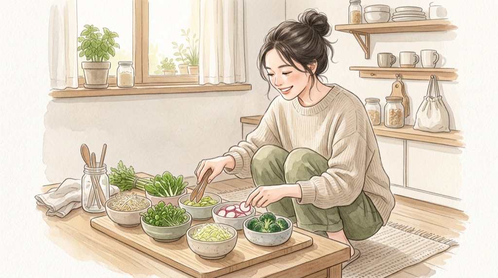 レタス 代わり サラダに使える豆苗や水菜を並べたキッチンの様子