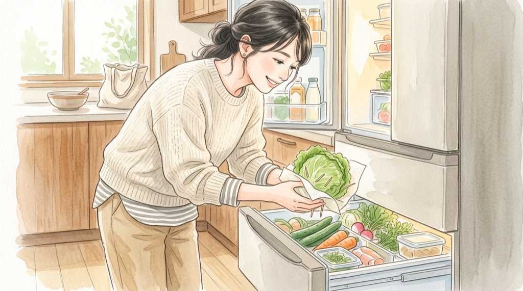レタス 保存 つまようじで芯を処理して冷蔵庫に入れる準備の様子
