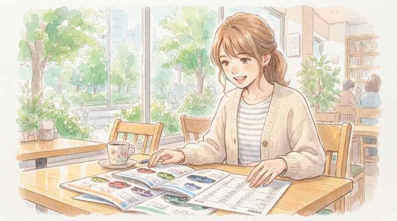 レクサスNX新型を待つべきか現行型を買うか迷って資料を見比べる女性