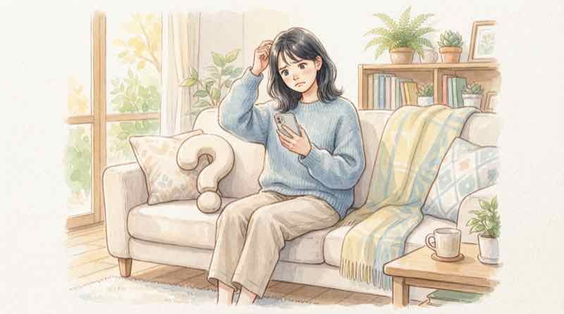 LINEミュートメッセージが使えないと困る30代女性がスマホの送信画面を見て首をかしげる様子