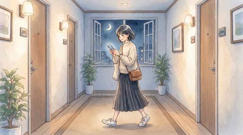 LINEミュートメッセージの月マークが表示された送信側のトーク画面を確認する女性