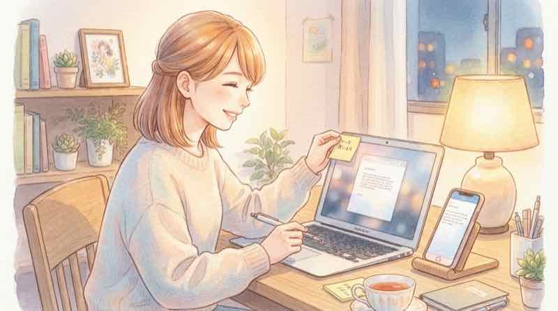 LINEミュートメッセージの代わりに下書きを翌朝送る準備をする女性とメモ