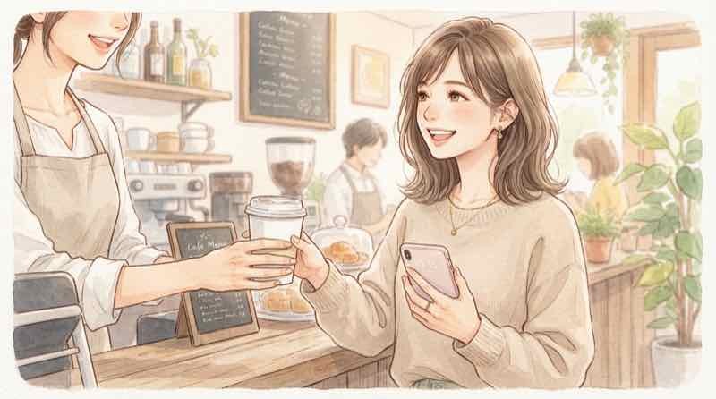 LINEとPayPayの連携延期でも店頭のPayPay決済が普段どおり使えることを示す、レジでコーヒーを受け取る女性