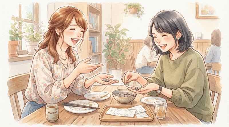 LINEとPayPay連携で予定されていたトーク割り勘を待つ間、テーブルでコインを分け合う二人の女性