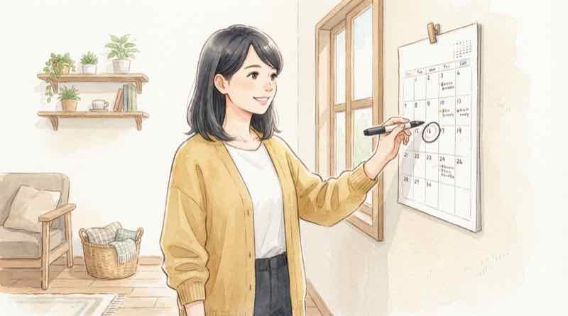 LINEポイントの有効期限180日をカレンダーで確認する女性、連携延期でも慌てない様子