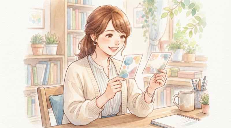 LINE Pay終了と今回の連携延期の違いを、2枚の案内カードを見比べて理解する女性
