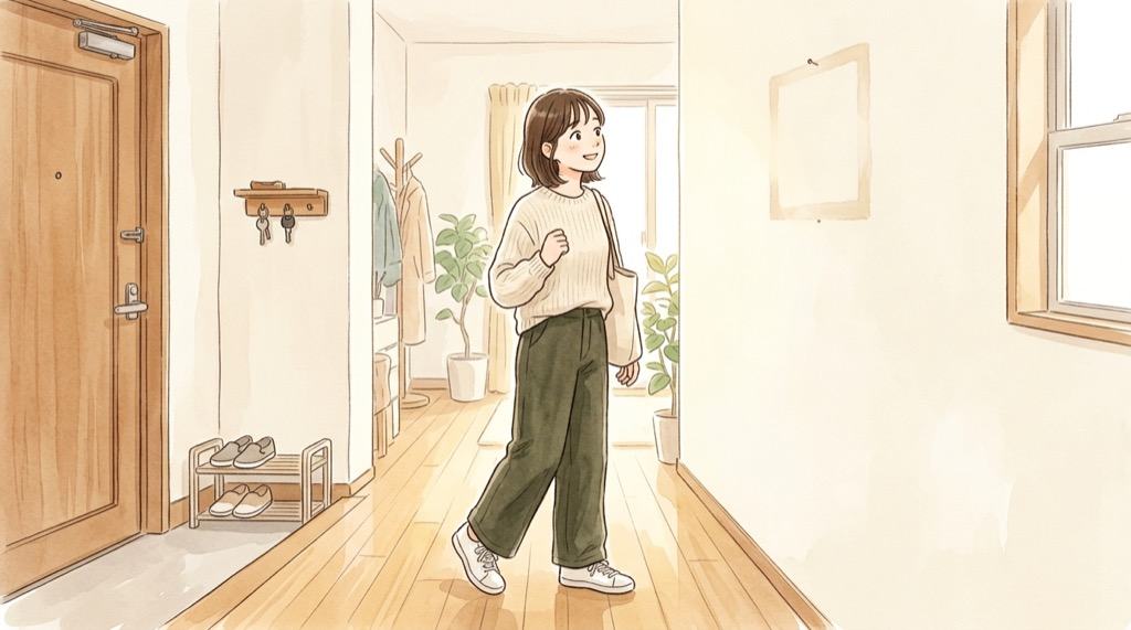 LINE VOOMが突然消えたことに驚いて立ち止まる笑顔のちこの水彩イラスト