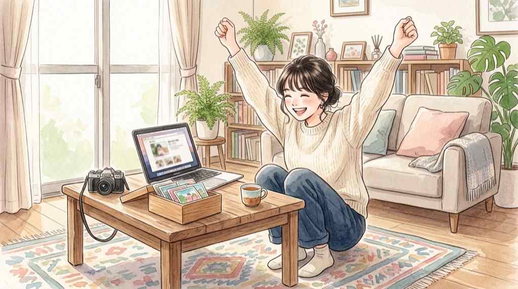 LINE VOOMのバックアップデータをパソコンで保存する手順を確認する水彩イラスト