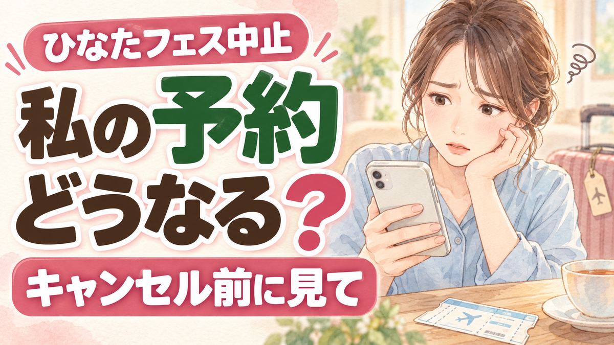 ひなたフェス中止 払い戻しの手続きを確認する女性のイラスト