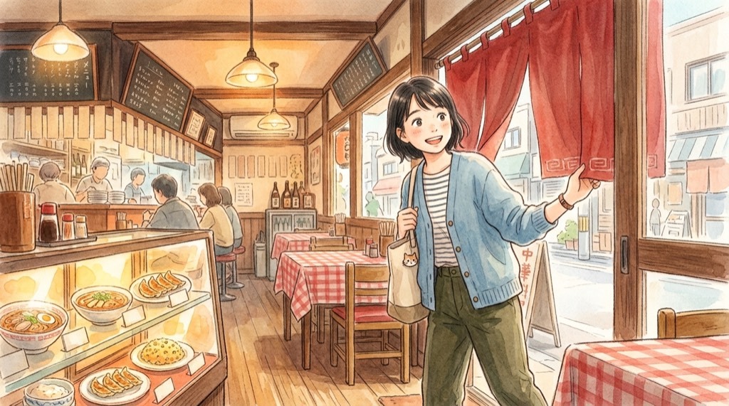 町中華が人気な理由を解説する記事のアイキャッチ、昭和の中華料理店の情景と暖簾のイラスト