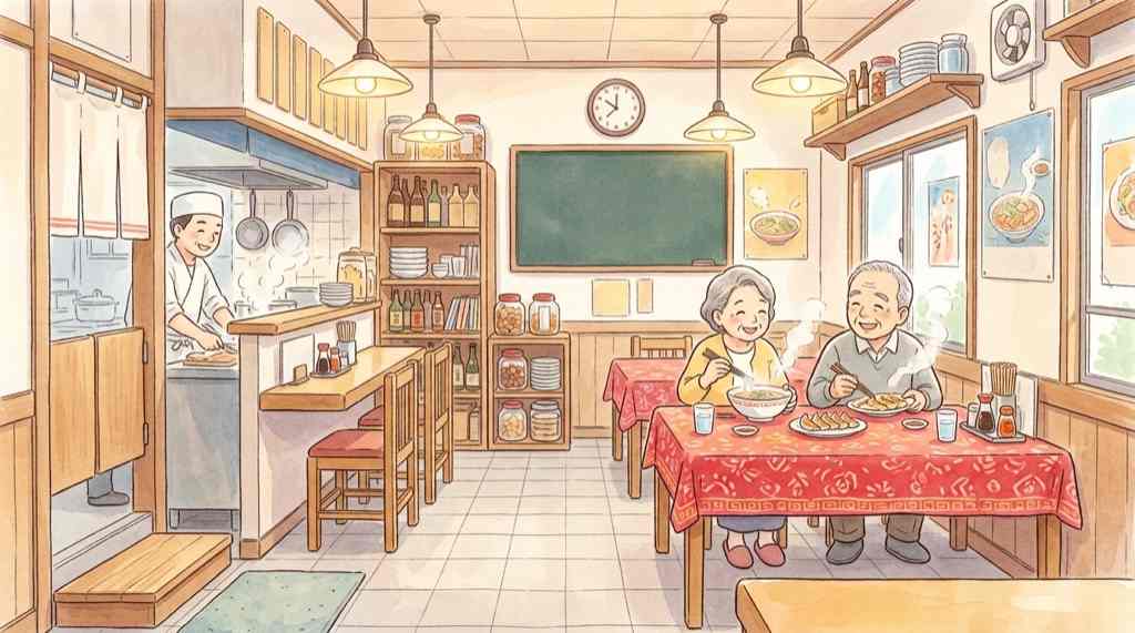 町中華の人気理由を示す赤いテーブルと昭和レトロな食堂の情景イラスト