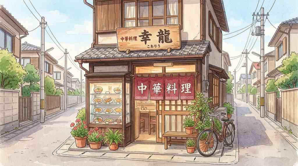町中華の外観イラスト、赤い暖簾と色あせた食品サンプルのショーケースが並ぶ昭和の通り