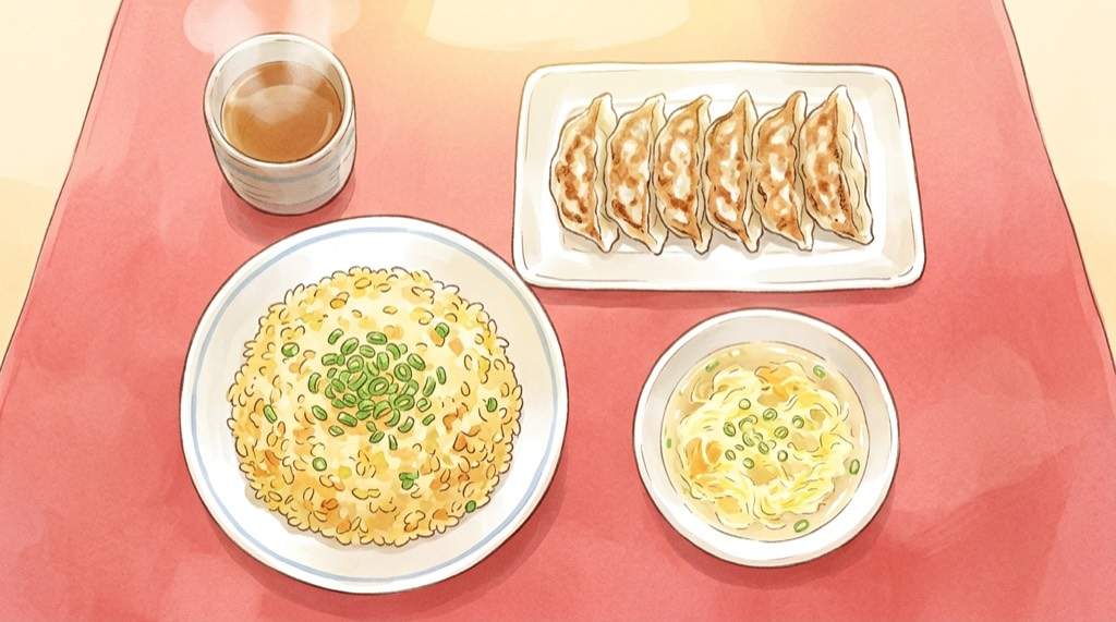 町中華のランチセット俯瞰イラスト、チャーハン・餃子・スープが赤いテーブルに並ぶ