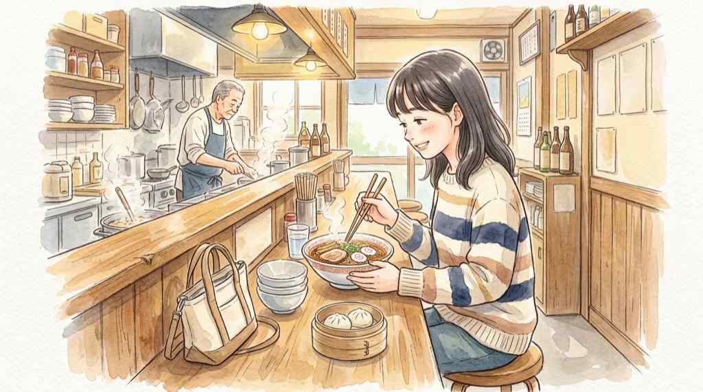 町中華のカウンター席で一人ランチを楽しむ女性のイラスト、昭和の温かみある店内