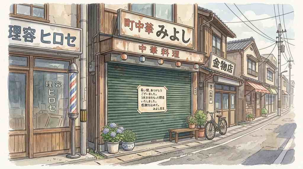 閉店した町中華の店先のイラスト、シャッターに貼り紙がある昭和の商店街の一角