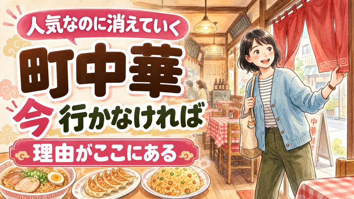 町中華が人気な理由を解説する記事のアイキャッチ、昭和の中華料理店の情景と暖簾のイラスト