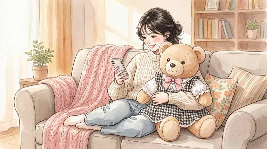 チャイロイコグマ10周年スペシャルコラボぬいぐるみとMaison de FLEUR受注生産を確認する女性
