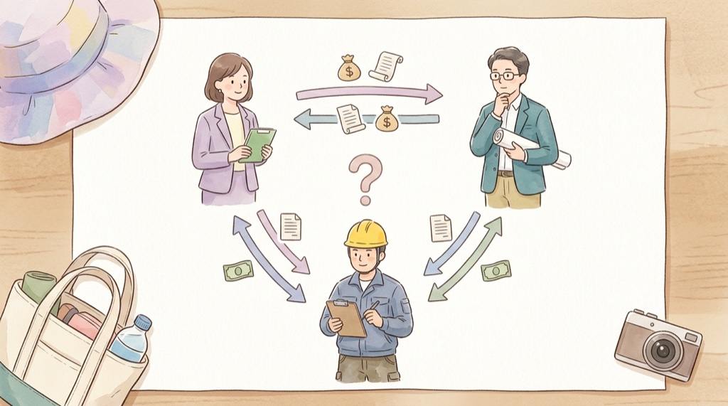 大規模修繕工事の設計コンサルタントと施工会社の談合の仕組みを示すイラスト