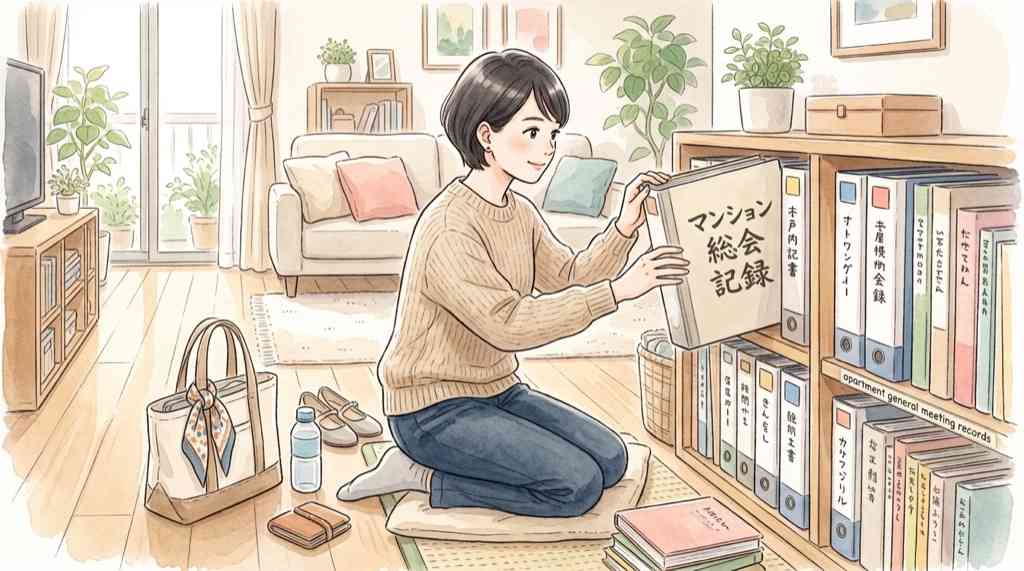 マンション管理組合の書類確認をする女性のイラスト 総会議案書と設計コンサル名を調べる