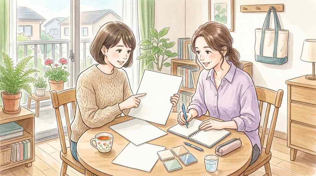 マンション管理組合の修繕委員会で資料を確認する女性のイラスト 見積書チェックの様子