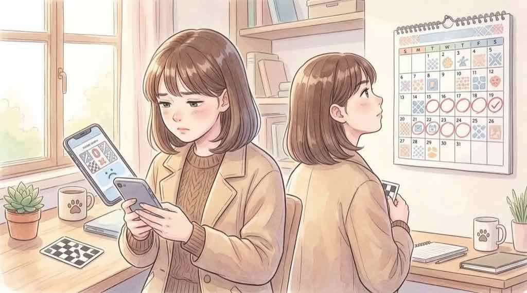 ミッフィー有楽町の抽選結果を見て次の行動を考える女性のイラスト