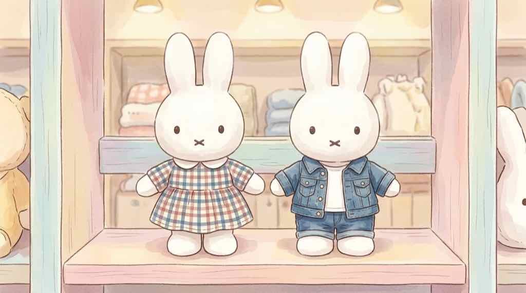 ミッフィー有楽町ポップアップ限定のぬいぐるみとマスコットが並ぶイラスト