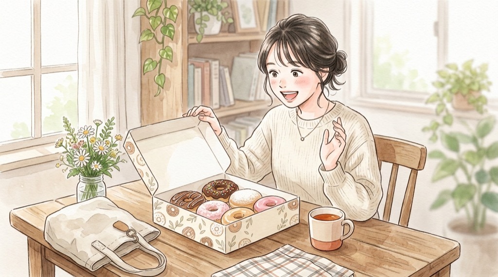 ミスド 値上げ後のポン・デ・リング183円とポン・デ・ショコラを楽しむ女性のイラスト