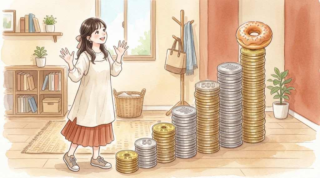 ポン・デ・リング 183円の値段を見て驚く女性のイラスト