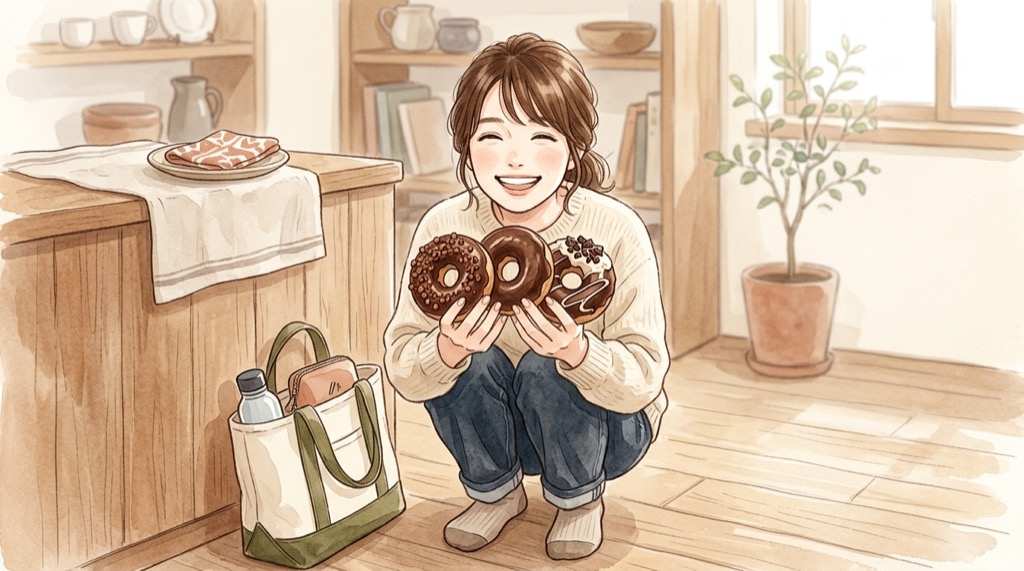 ポン・デ・ショコラ 2026の3種類を並べて楽しむ女性のイラスト