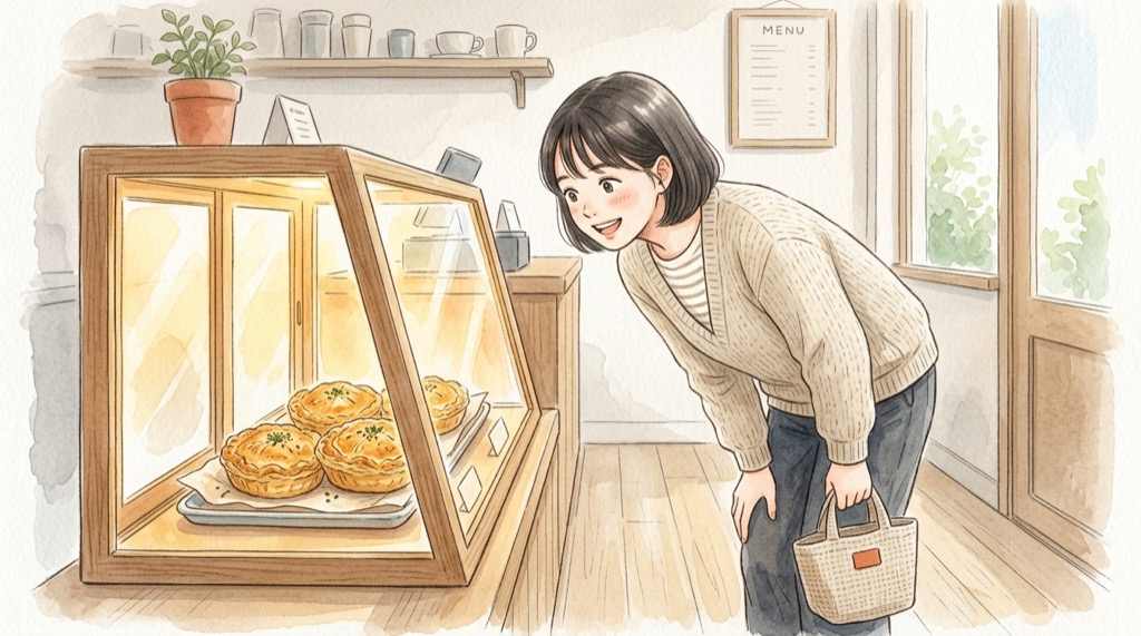 世界の料理を楽しむサクッとパイ 3種を選ぶ女性のイラスト