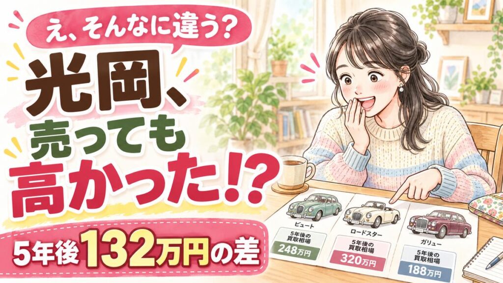 光岡自動車のリセール買取相場を調べた結果を確認するイラスト