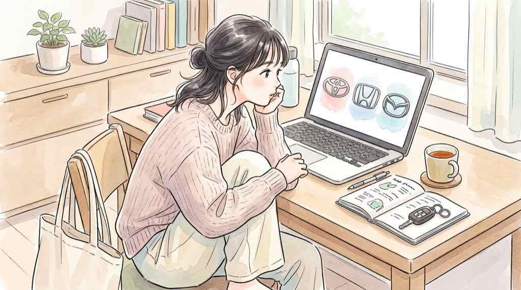 光岡 ベース車を調べる女性とM55・バディのイメージ