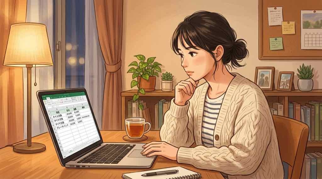 光岡自動車の維持費を計算して驚いているちこのイラスト
