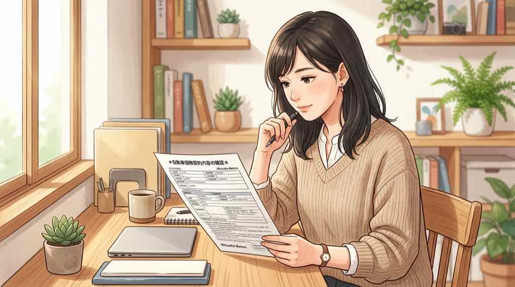 光岡自動車の年間維持費を電卓で計算しているちこのイラスト