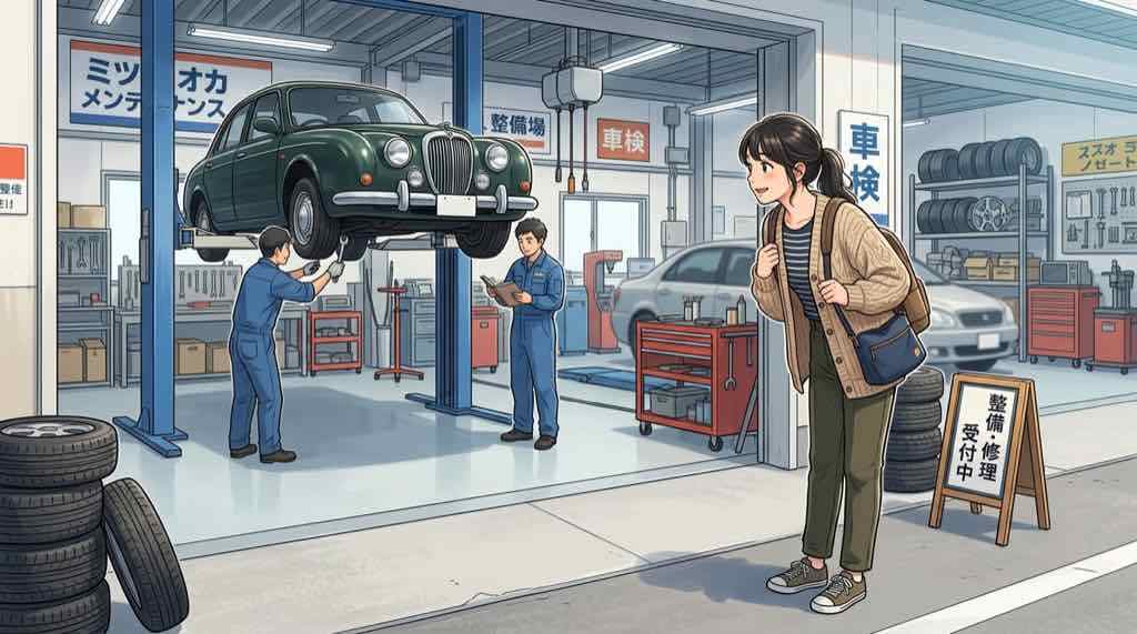 光岡自動車の車検を一般の整備工場でも受けられるか調べているちこのイラスト